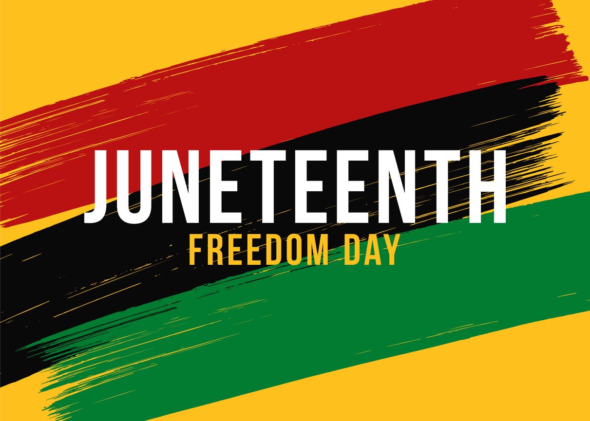 Juneteenth Freedom Day text over a background with three horizontal brush strokes in red, black, and green on a yellow backdrop.