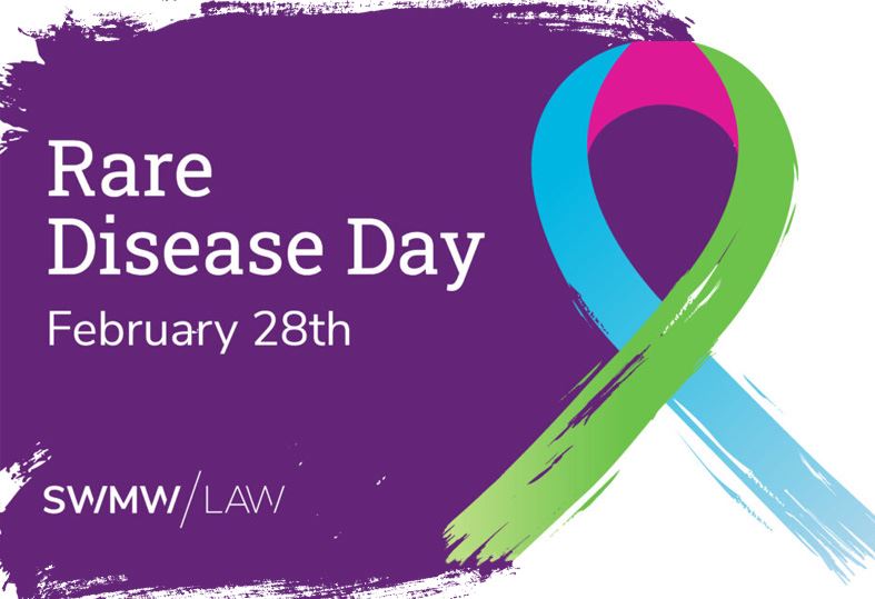 Purple background with white text that reads "Rare Disease Day February 28th" alongside a multicolored awareness ribbon in blue, pink, and green. The bottom left corner has the text "SWMW/LAW.