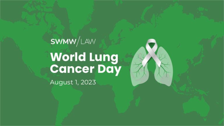 World Lung Cancer Day graphic with a green world map background. Text reads "SWMW Law World Lung Cancer Day August 1, 2023." To the right of the text is an illustration of lungs with a silver awareness ribbon overlaid.