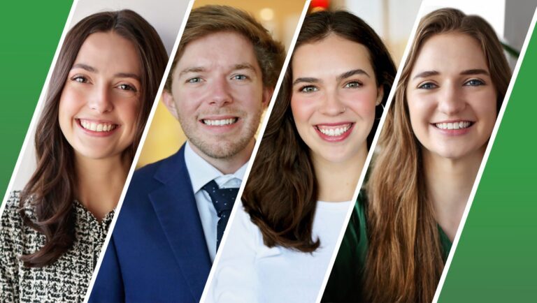 Four smiling young adults are shown in separate diagonal panels against a green gradient background. The first person is a woman with long dark hair wearing a patterned top. The second is a man with light brown hair and a beard, dressed in a blue suit and tie. The third is a woman with long dark hair wearing a white shirt. The fourth is a woman with long light brown hair wearing a green top. All are looking directly at the camera.