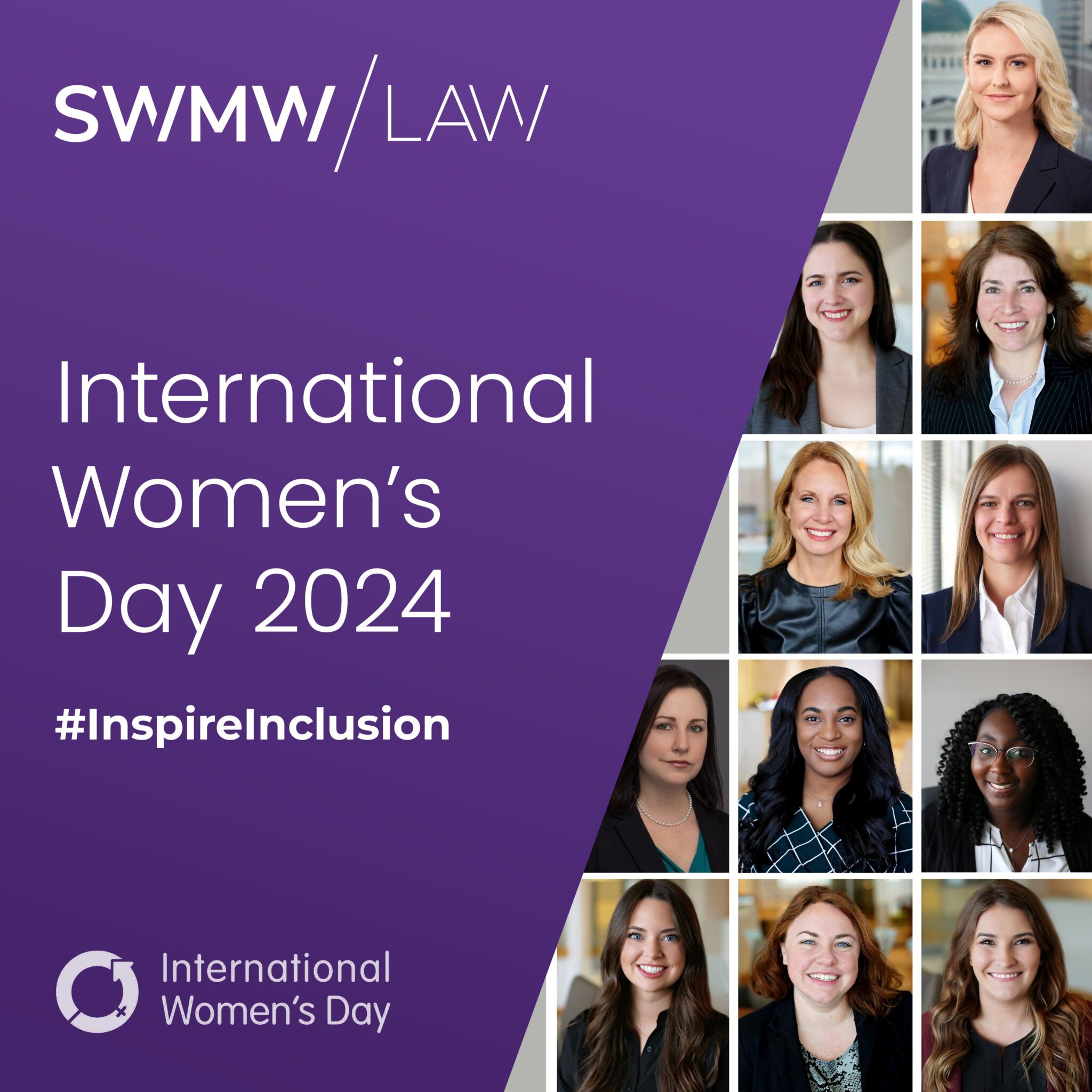 SWMW Law International Women's Day 2024 graphic with the hashtag #InspireInclusion. The right side features a grid of twelve professional headshots of diverse women, each smiling and dressed in business attire. The background is purple with white text and the International Women's Day logo at the bottom left.