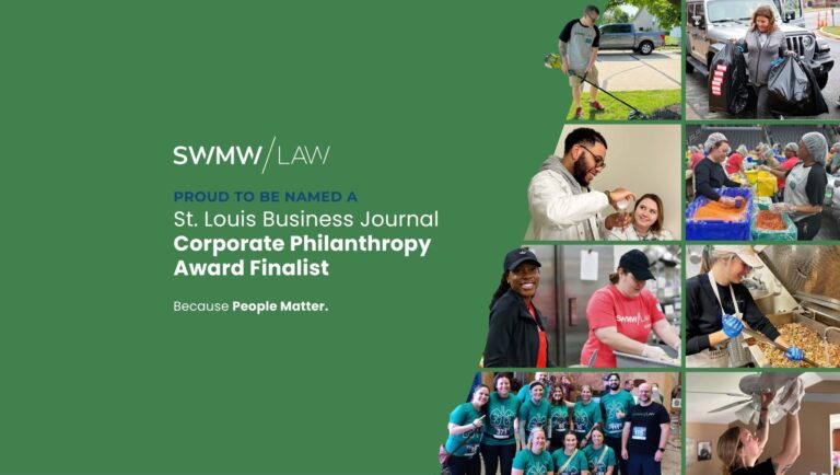 SWMW Law is proud to be named a St. Louis Business Journal Corporate Philanthropy Award Finalist, emphasizing the message "Because People Matter." The image features various photos of people engaged in community service activities, including yard work, carrying bags, preparing food, and participating in group events, highlighting the firm's commitment to philanthropy and community involvement.