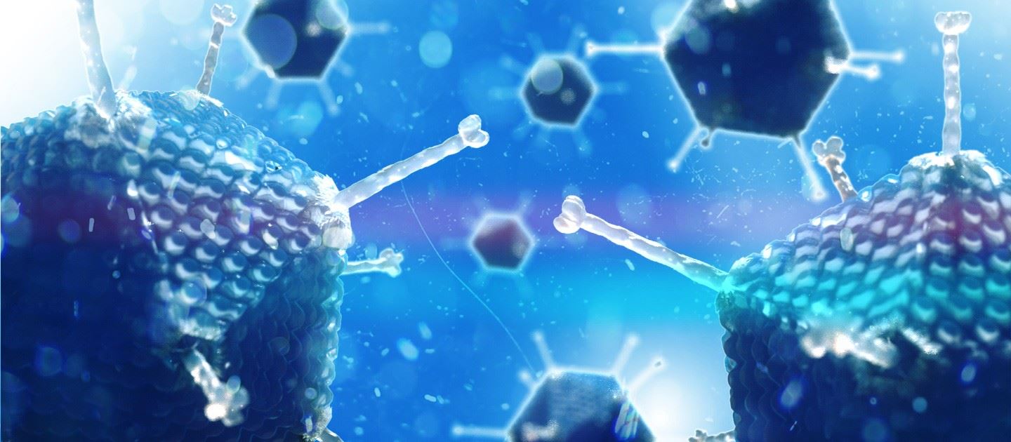 Blue-toned 3D illustration of multiple bacteriophages, viruses with hexagonal heads and long tail fibers, floating in a fluid environment. The background is a gradient of blue shades with light bokeh effects.