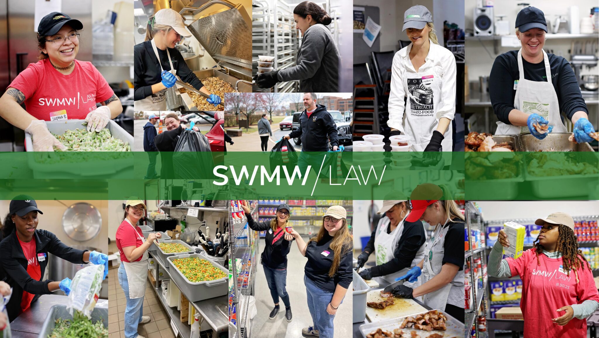 Collage of diverse volunteers engaged in food preparation and distribution activities, including chopping vegetables, cooking, packaging meals, carrying bags, and organizing food items in a pantry. Most volunteers wear gloves, aprons, and hats, with some wearing red shirts labeled "SWMW/LAW." The center of the collage features a green banner with the text "SWMW/LAW." The setting appears to be a community kitchen and food pantry.