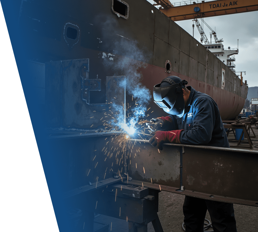 A worker wearing a protective welding helmet and gloves is welding a large metal beam in an industrial shipyard, with a large ship and cranes visible in the background. Sparks and smoke are emitted from the welding process.