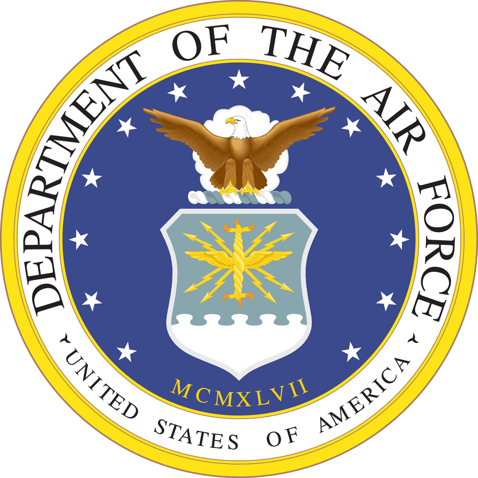 Seal of the United States Department of the Air Force featuring a bald eagle with outstretched wings perched on a cloud above a shield. The shield displays a golden winged staff entwined with a serpent, surrounded by lightning bolts on a blue and white background. The outer ring contains the text "DEPARTMENT OF THE AIR FORCE" at the top and "UNITED STATES OF AMERICA" at the bottom, with the Roman numerals "MCMXLVII" (1947) below the shield. The seal is bordered by a yellow and white circular band.