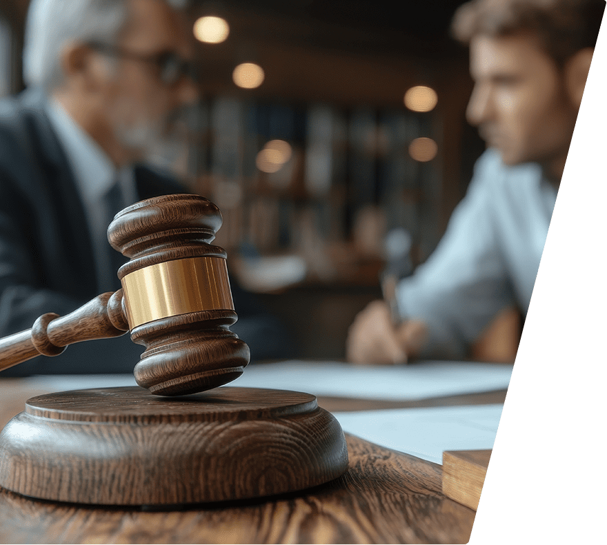 Wooden judge's gavel with a gold band resting on a wooden sound block on a table, with two blurred people in the background, one writing on paper.