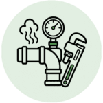 Pipe with steam coming out, a pressure gauge, and a pipe wrench, all depicted in a simple line art style with green accents on a light circular background.