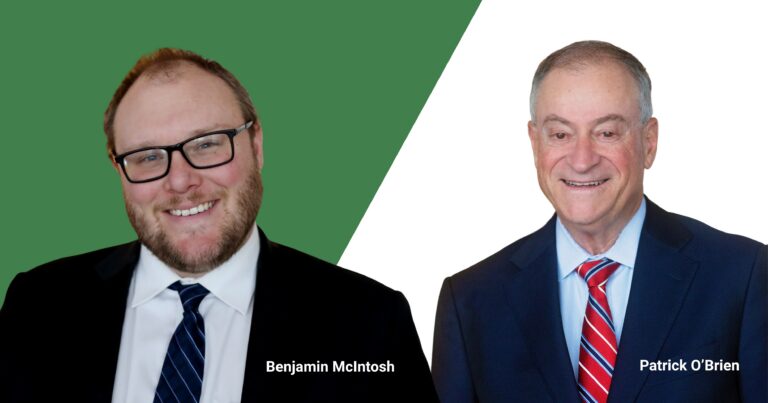Two men in suits are shown side by side against a split background, green on the left and white on the right. The man on the left, identified as Benjamin McIntosh, has light skin, short light brown hair, a beard, glasses, and is wearing a black suit with a white shirt and a dark blue striped tie. The man on the right, identified as Patrick O’Brien, has light skin, short gray hair, and is wearing a dark blue suit with a light blue shirt and a red striped tie. Both men are smiling.