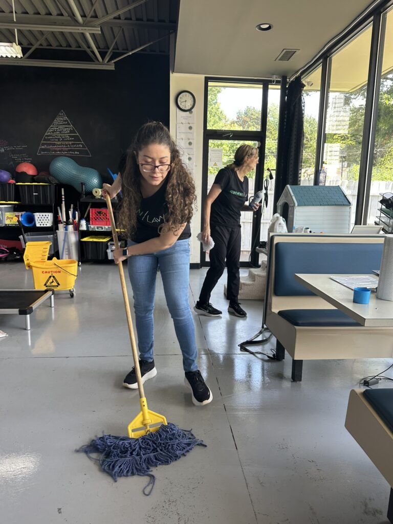 Two women are cleaning an indoor space with large windows. The woman in the foreground is mopping the floor with a blue mop, wearing glasses, a black t-shirt, and blue jeans. The woman in the background is holding a spray bottle and a cloth, wearing a black t-shirt and black pants. The room has a yellow caution mop bucket, shelves with various items, a clock on the wall, and booth-style seating with blue cushions.