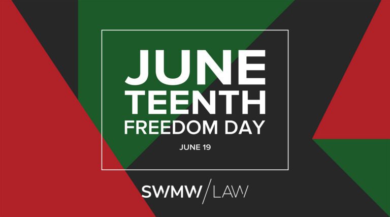 Juneteenth Freedom Day June 19 text in bold white letters on a background with red, green, and black geometric shapes. The bottom includes the text "SWMW LAW" in white.
